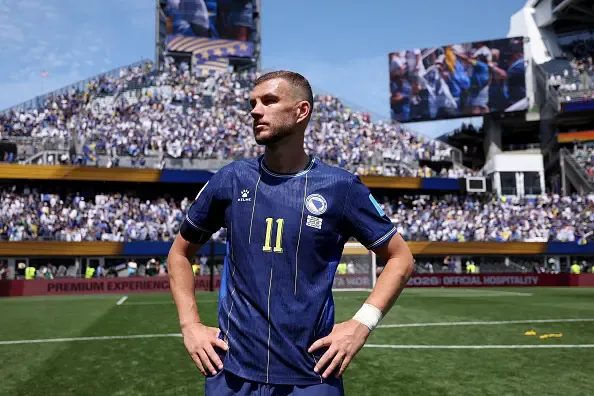 Edin Dzeko #11 of Bosnia and Herzegovina looks on