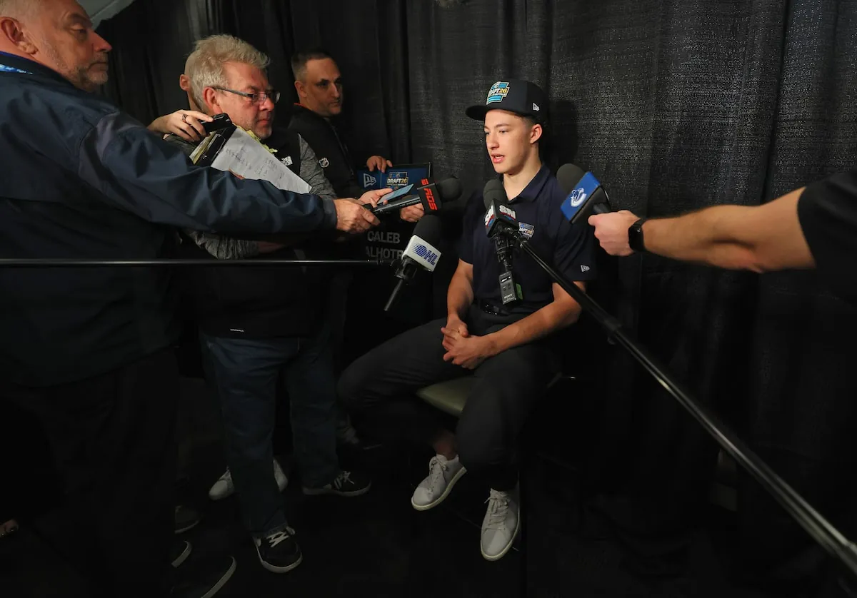 Caleb Malhotra attends the 2026 NHL draft top prospects media availability on Thursday at the New Era Cap World Headquarters in Buffalo, N.Y.Bruce Bennett/Getty Images