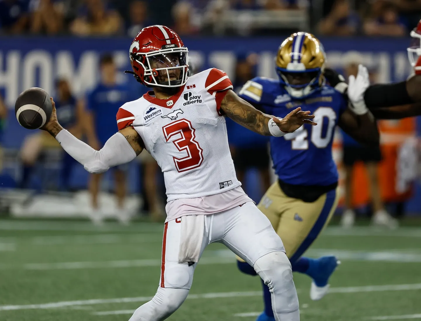 Vernon Adams Jr. Calgary StampedersCalgary Stampeders quarterback Vernon Adams Jr. (3) throws against the Winnipeg Blue Bombers during second half CFL football action in Winnipeg on Friday, July 24, 2026. THE CANADIAN PRESS/John Woods(John Woods/THE CANADIAN PRESS)