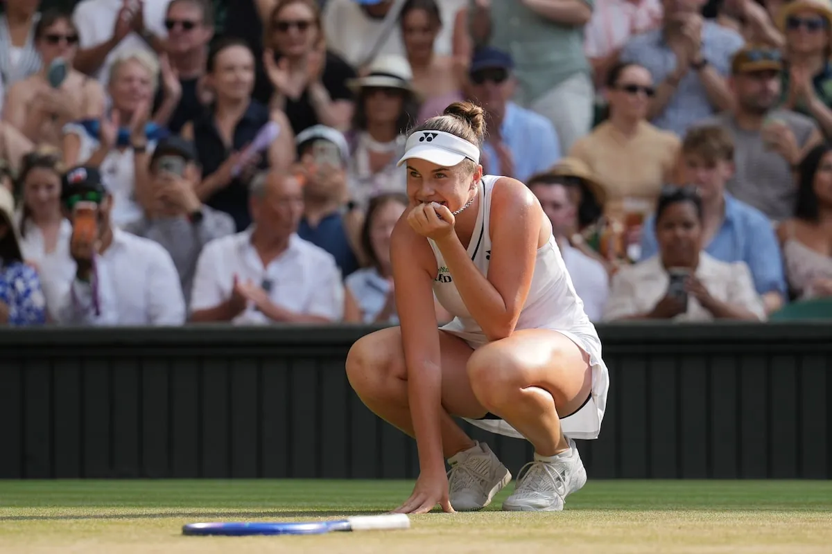 Linda Noskova of the Czech Republic reacts to winning against Marta Kostyuk of Ukraine in their semi-final women's singles match at Wimbledon in London on Thursday.Kirsty Wigglesworth/The Associated Press