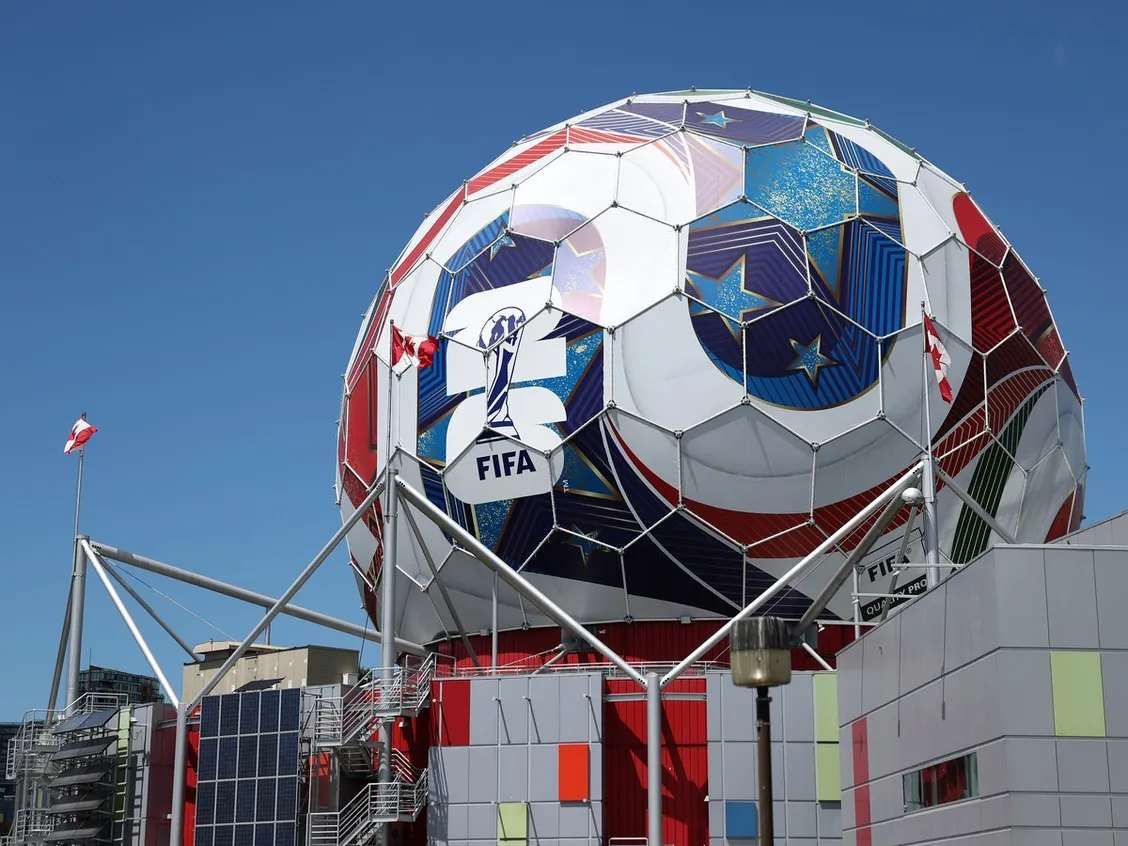 A general view of Science World with the FIFA World Cup 2026 match ball installation ahead of Thursday's Group B match between Canada and Qatar on July 17, 2026 in Vancouver, British Columbia.
