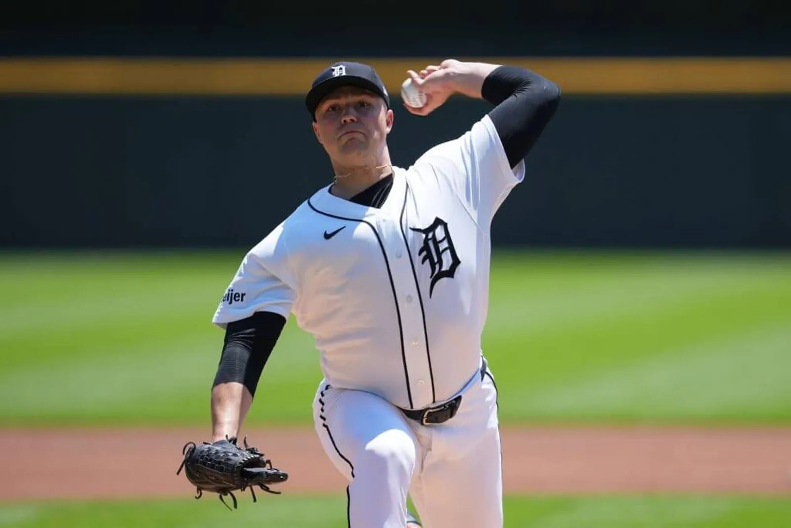 Detroit Tigers pitcher Tarik Skubal throws a warmup pitch against the Philadelphia Phillies during the first inning Sunday, July 12, 2026, in Detroit.