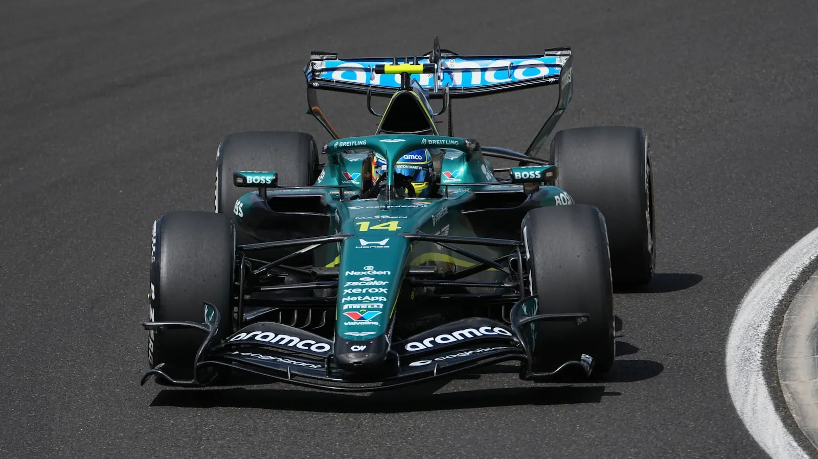 Spain's Fernando Alonso steers his Aston Martin during the first practice session ahead of Sunday's Formula One Hungarian Grand Prix auto race, at the Hungaroring racetrack in Mogyorod, near Budapest, Hungary, Friday, July 24, 2026. (AP Photo/Darko Vojinovic)(Darko Vojinovic/AP Photo/Darko Vojinovic)