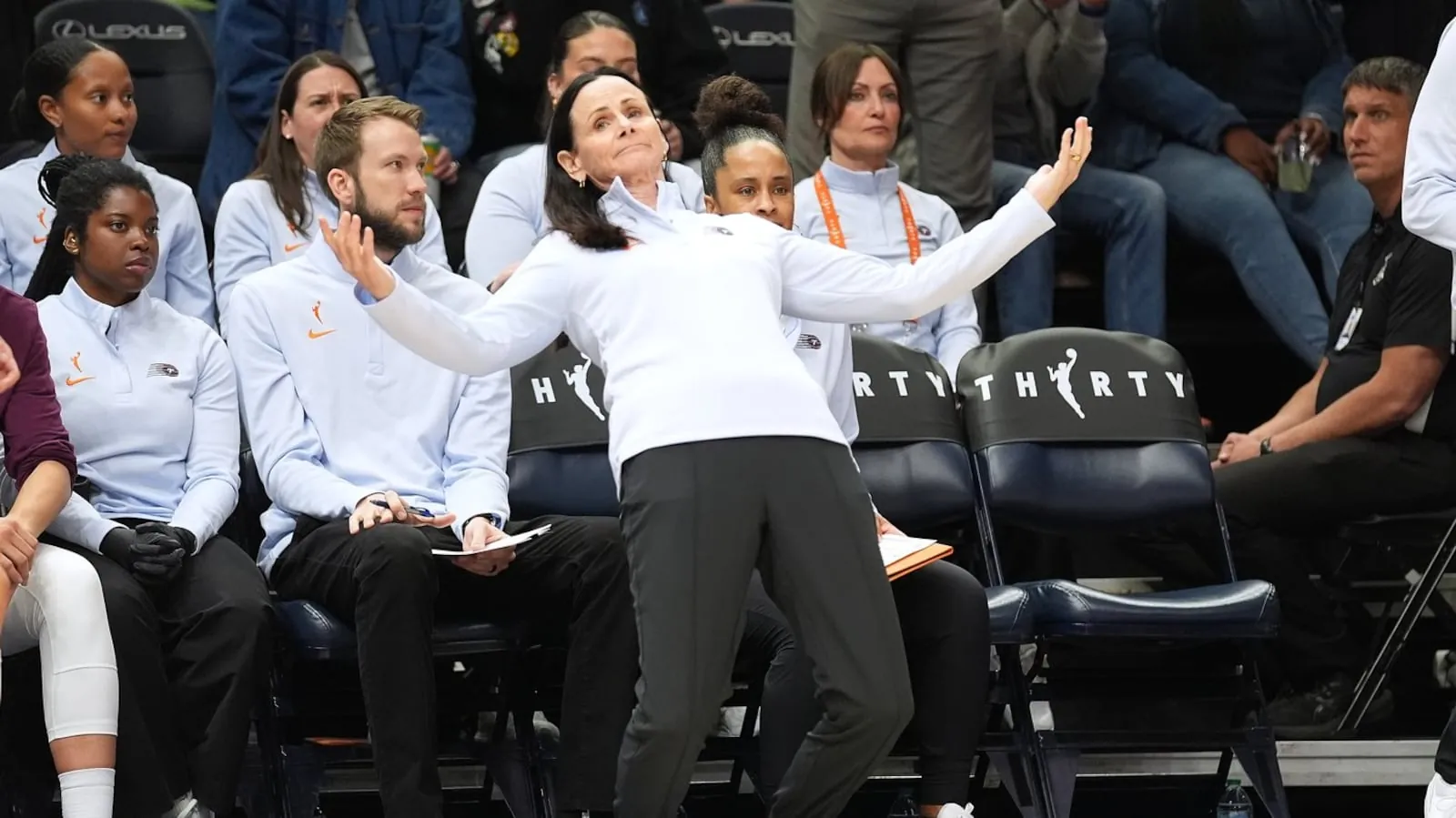 Toronto Tempo head coach Sandy Brondello on Thursday, May 21, 2026, in Minneapolis. (AP Photo/Abbie Parr)