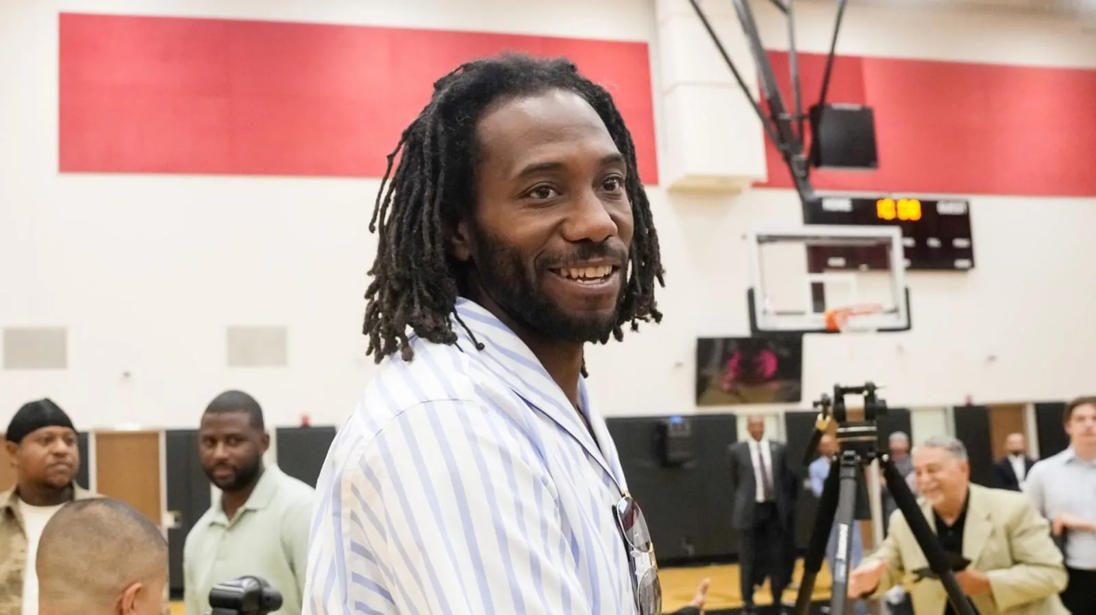 Kawhi Leonard attends a press conference where former teammate Kyle Lowry signed a one-day contract to retire as a Toronto Raptor, in Toronto, on Tuesday, July 7, 2026. THE CANADIAN PRESS/Chris Young