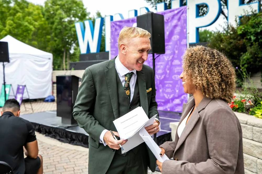 MIKAELA MACKENZIE / FREE PRESS Team co-founders Rob Gale and Desiree Scott at the announcement of the first women’s pro team NSL Winnipeg on Tuesday at The Forks.