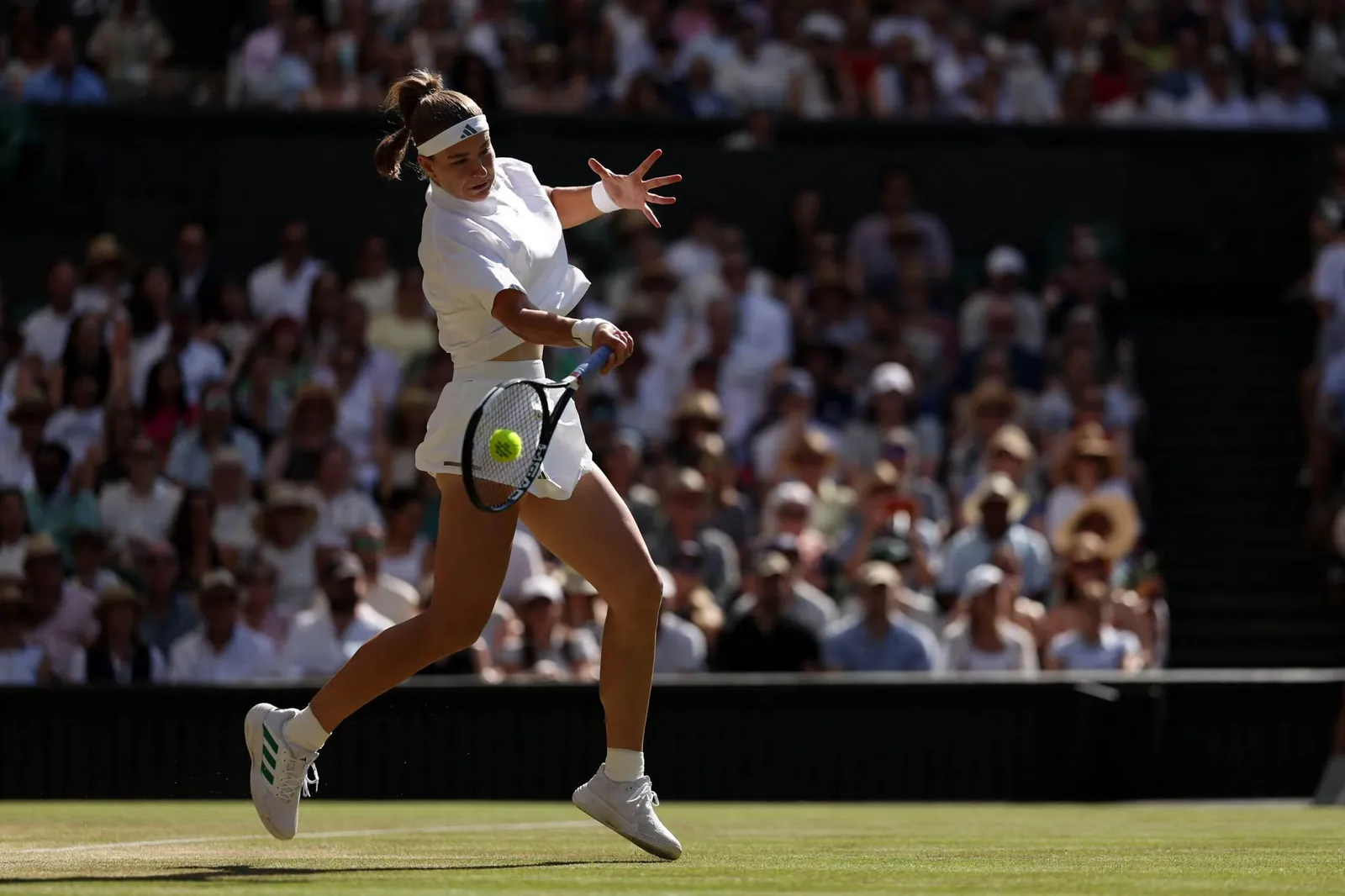Karolína Muchová hits a forehand on a grass tennis court wearing all-white with a crowd behind her.