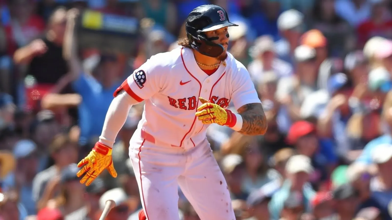 Boston Red Sox's Jarren Duran runs toward first base after hitting a two-run single in the fourth inning of a baseball game against the Toronto Blue Jays, Sunday, July 26, 2026, in Boston. (AP Photo/Steven Senne)(Steven Senne)